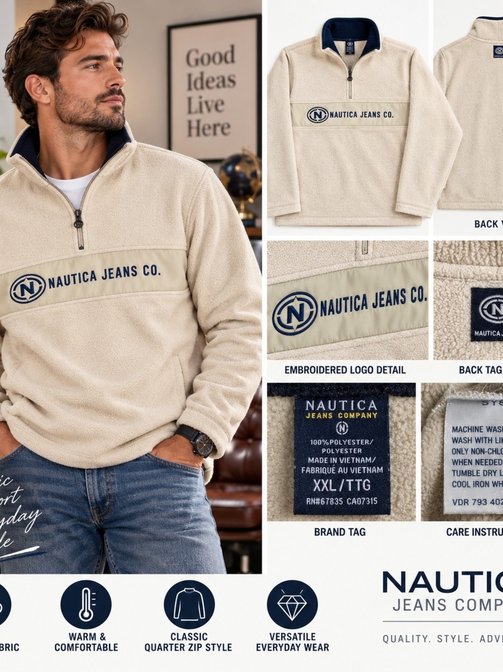 Nautica Jeans Co Fleece Pullover Mens XXL Cream 1/4 Zip Spellout Logo Y2K